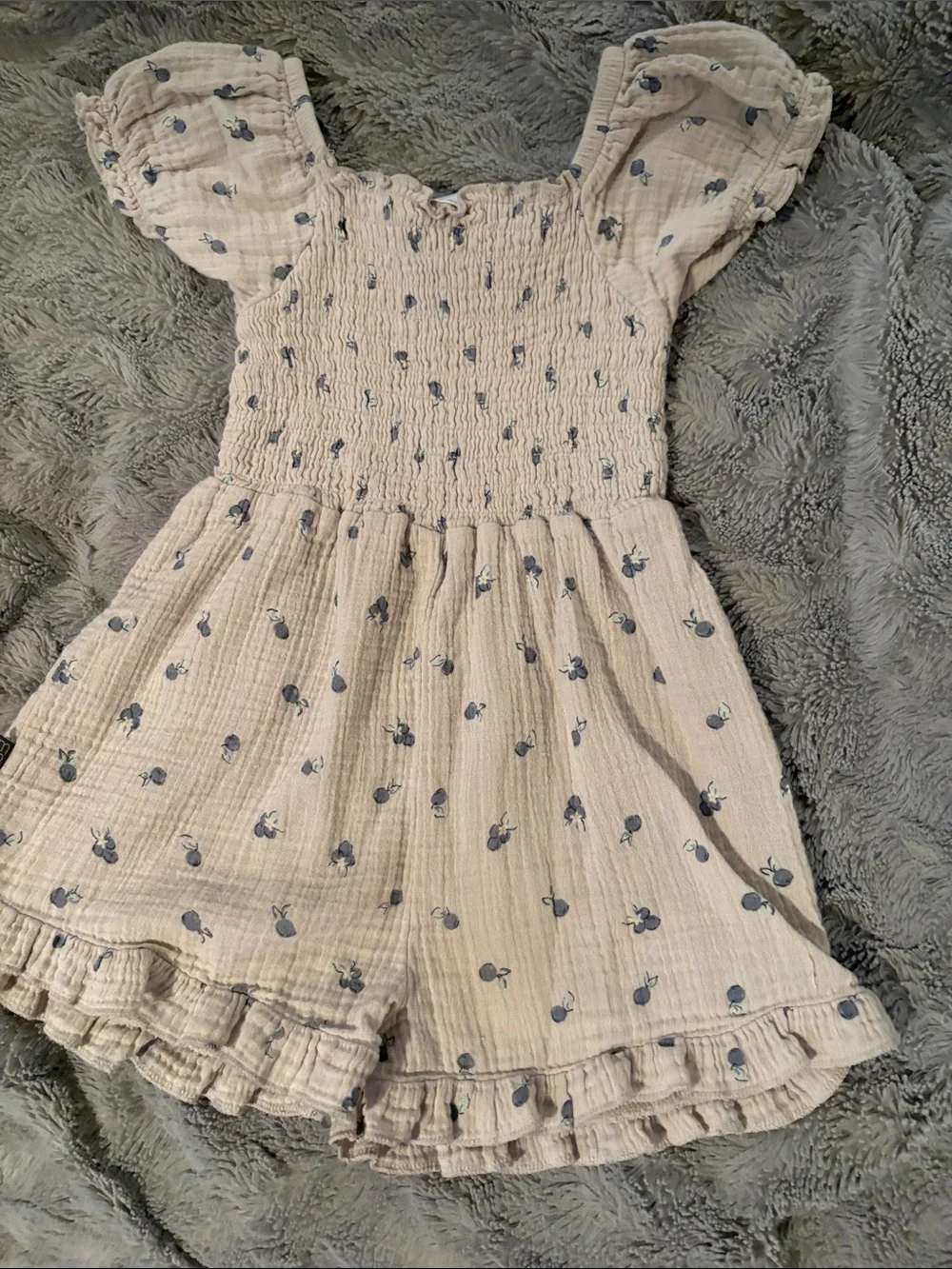 Cream Smocked Girls Blueberry Print Romper in Cream